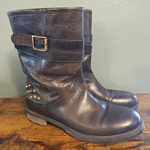 Boemos Women's 7 Brown Italian Leather Studded Buckle Moto Boots